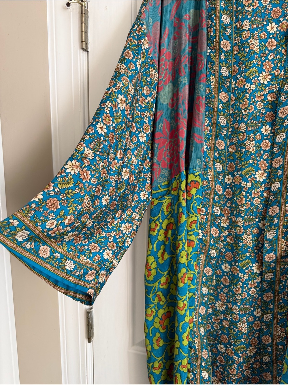 KANTHA BAE teal brown floral silk kimono OS - Picture 3 of 5